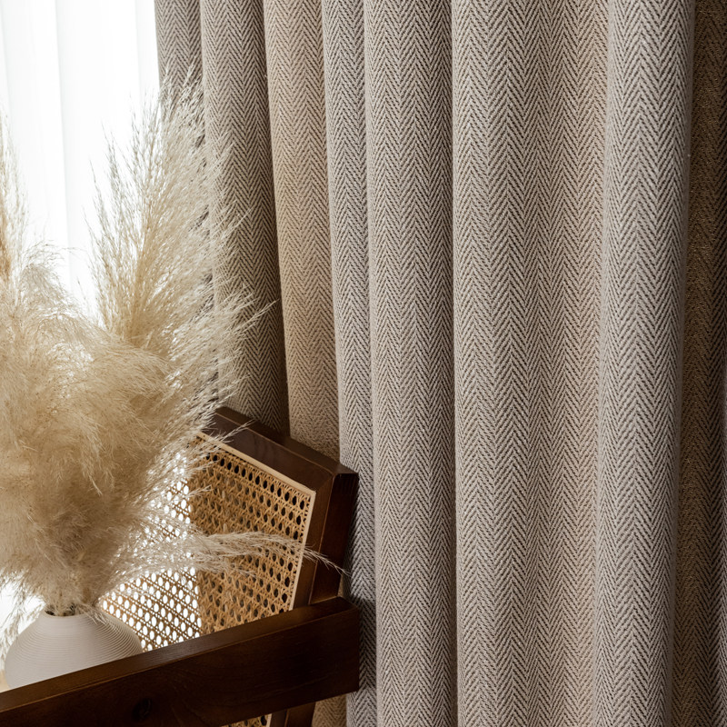 高品质简约现代风中式客厅卧室人字纹棉麻亚麻遮光定型窗帘布定做
