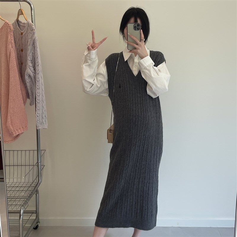 孕妇装连衣裙套装秋季时尚针织背心裙衬衫两件套秋装孕妇裙子毛衣