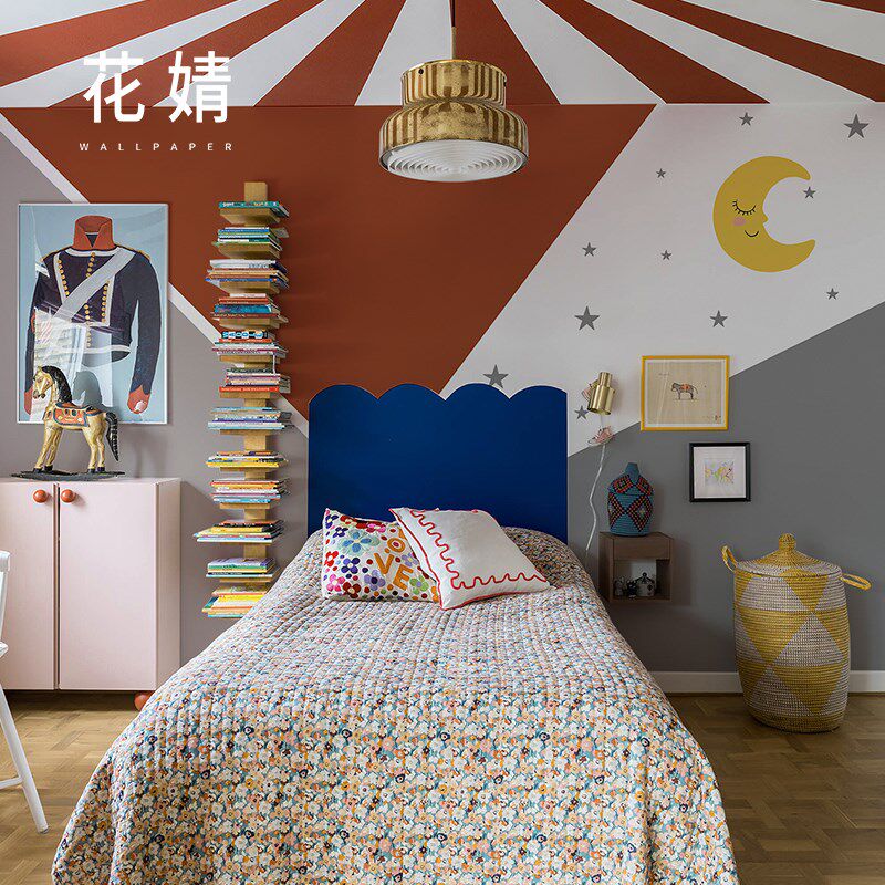 壁纸定制几何拼色儿童房墙布简约创意男孩女孩卧T室床头背景墙壁
