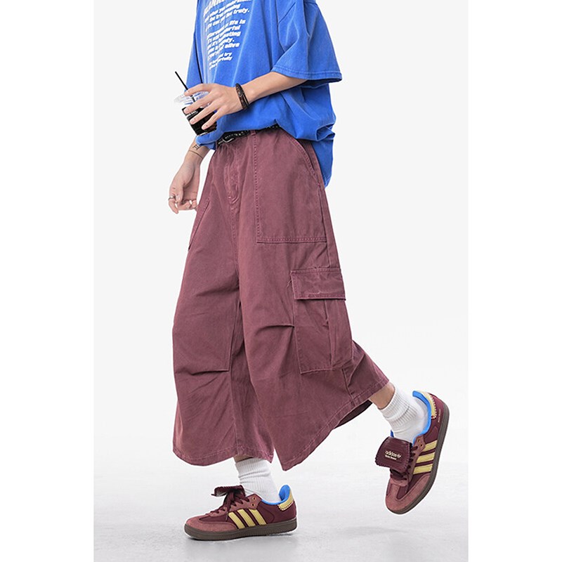 酒红色多口袋工装七分裤男款夏美式复古宽松短裤直筒伞兵阔腿裤子