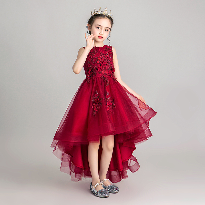 小女孩公主裙女童蓬蓬纱酒红色走秀花童主持人儿童钢琴演出服表演