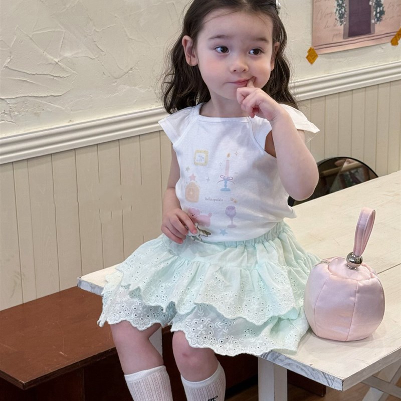 凡妈童装2025夏季新款女童小童韩版卡通印花无袖T恤纯棉绣花裙裤