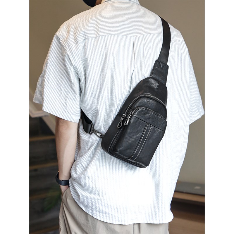 2024新款真皮男士小胸包植鞣头层牛皮单肩斜挎休闲百搭运动小背包