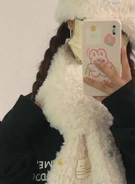 时尚纽扣毛绒加厚围巾韩版女冬季学生加厚保暖学生百搭洋气围脖潮