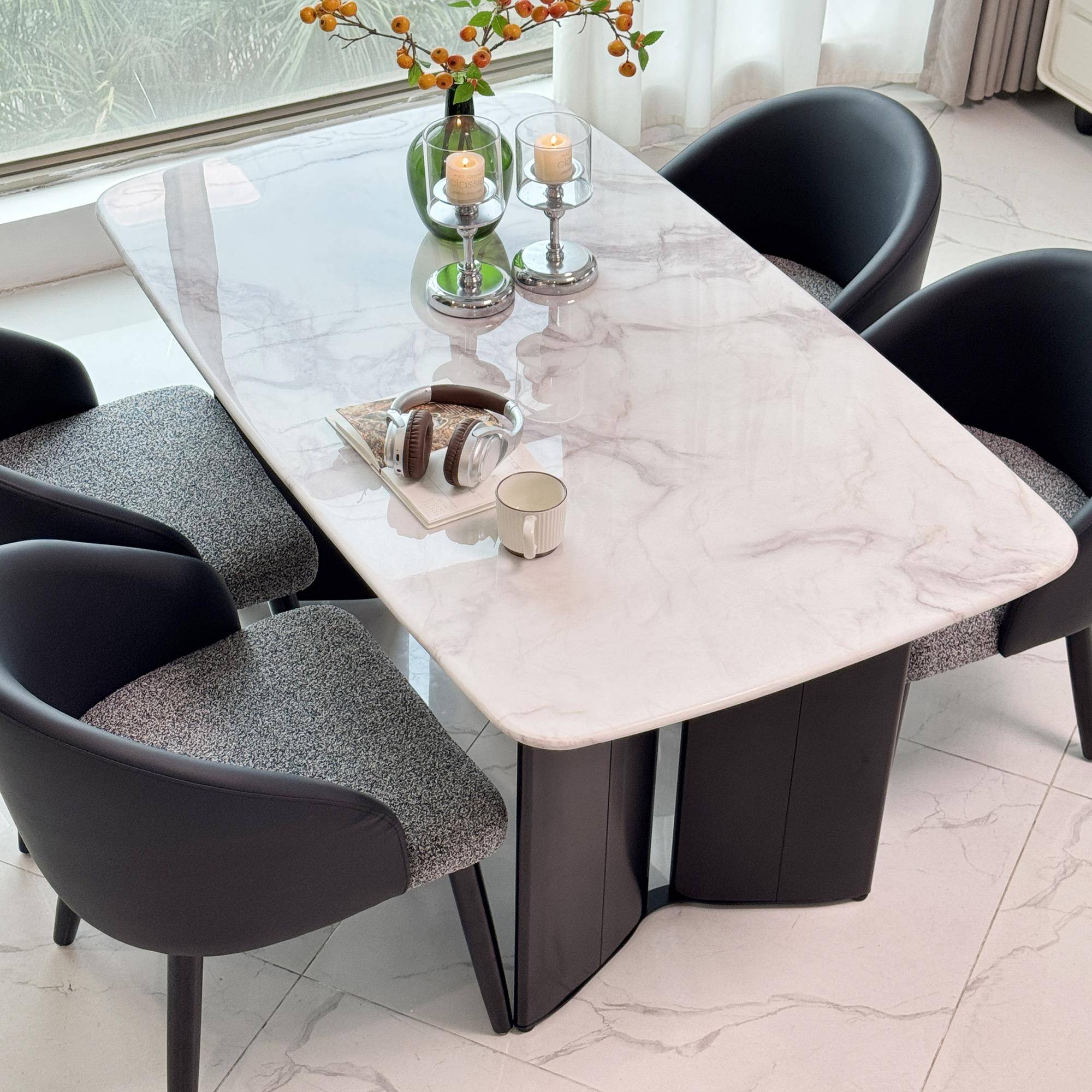 奢石纹理白色天然金刚大理石餐桌组合意式简约轻奢大理石餐桌