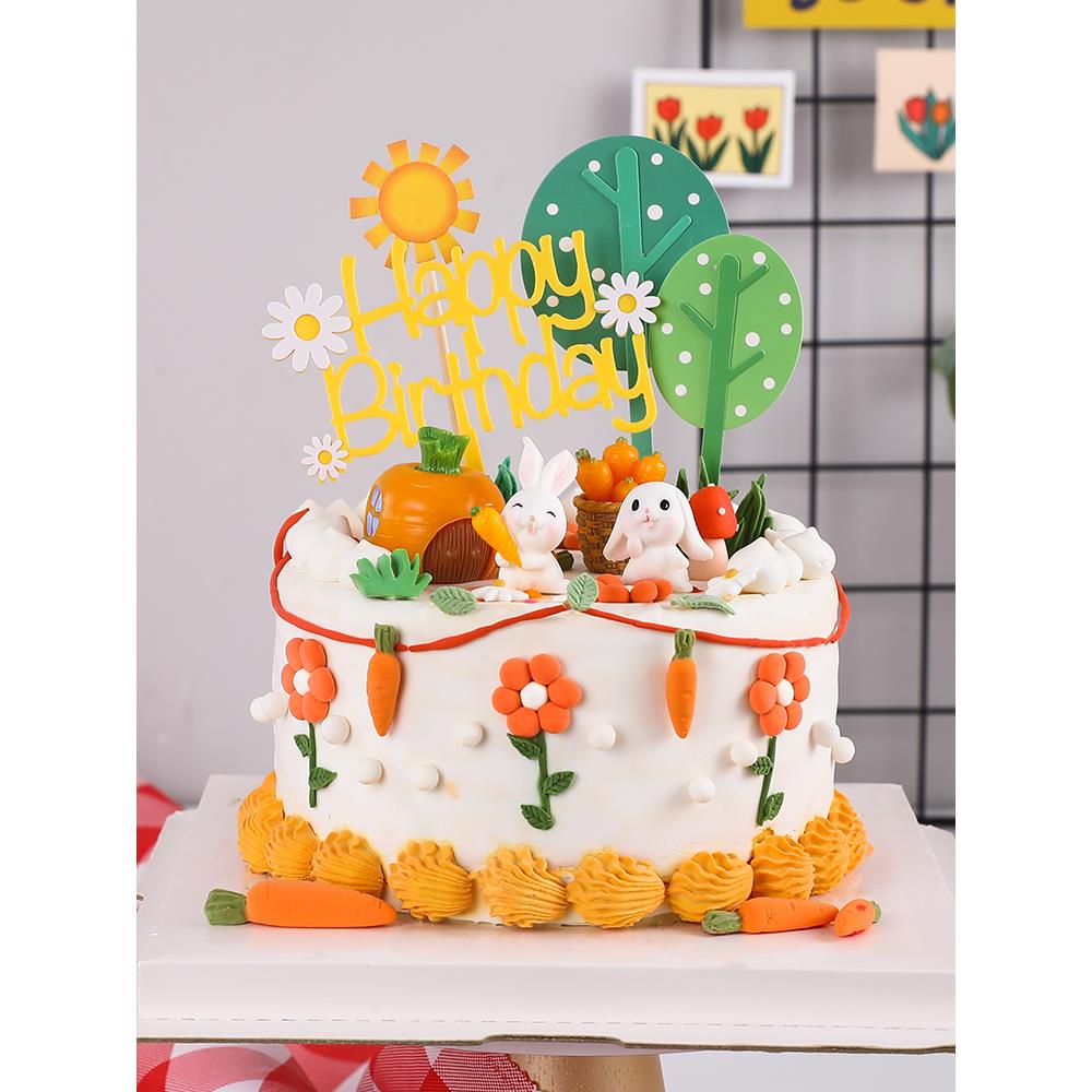烘焙蛋糕装饰胡萝卜小白兔玩偶摆件田园系小兔子树木蘑菇插牌插件