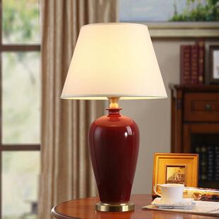 景德镇祭红釉陶瓷台灯卧室床头灯客厅沙发边铜台灯书房台灯简约
