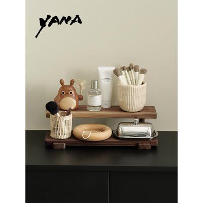 YANA亚纳 高档桌面胡桃木小型双层收纳架家用实木杂物整理置物架