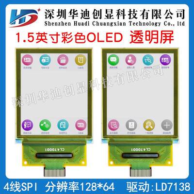 1.5寸PMOLED透明屏128*64分辨率 SIP接口彩屏 TP15MCO1F