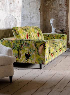 美式中世纪黄色田园图案宽扶手面料三人沙发覆古法式客厅直沙发