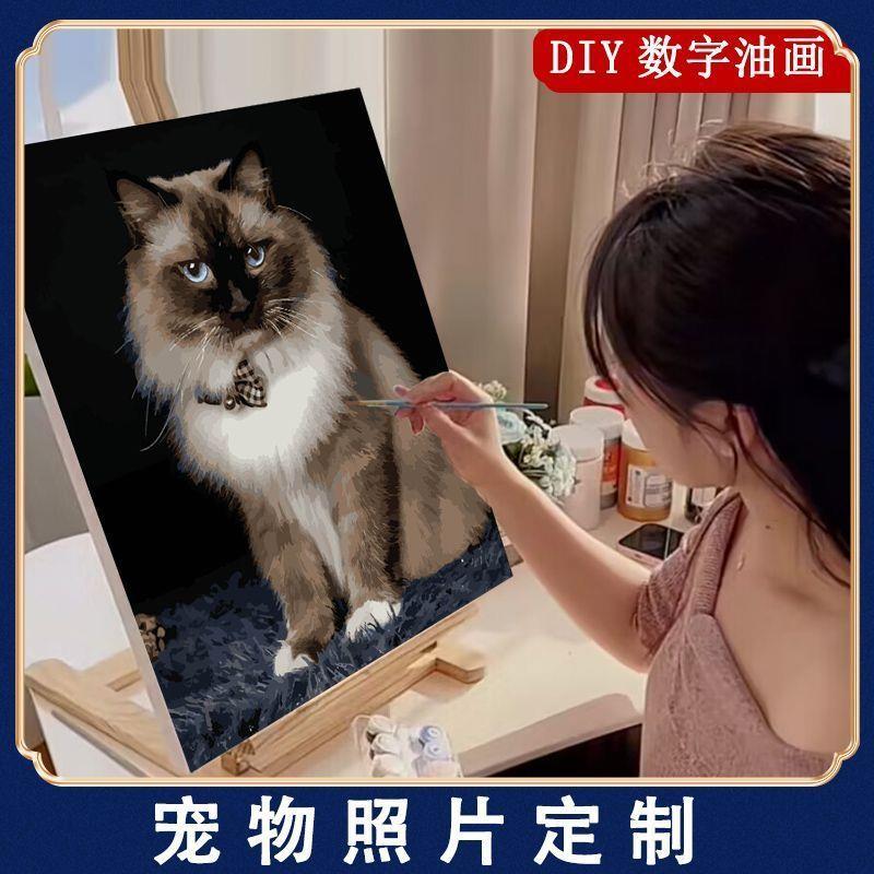数字油画diy宠物猫咪狗狗照片手绘填色礼物油彩画解压装饰画图片
