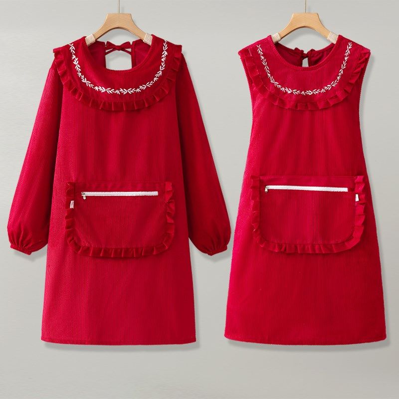 长袖围裙新款荷叶领防油防污厨房餐饮家用工作服珊瑚绒罩衣女网红