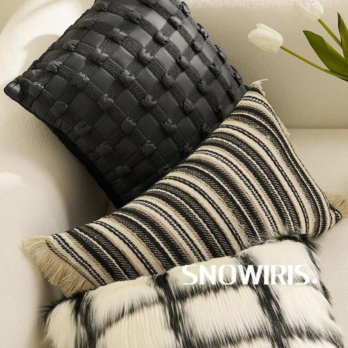 黑白条纹抱枕套毛绒法式中古风高级感靠垫客厅沙发软装百搭腰靠枕