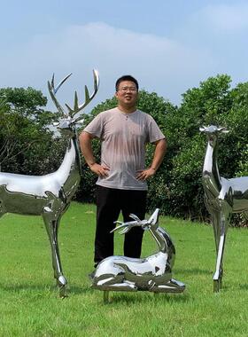 不锈钢镜面梅花鹿雕塑 户外园林景观售楼部美陈 光滑抽象麋鹿摆件