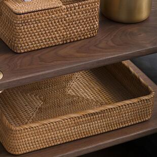 茶几收纳盒手工真藤编织筐桌面零食大容量托 托盘覆古床头柜杂物