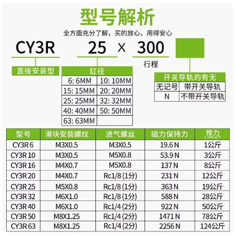 CY3R磁偶式无杆气缸CY1R6 15 32 40X200X300X500导轨长行程滑台缸