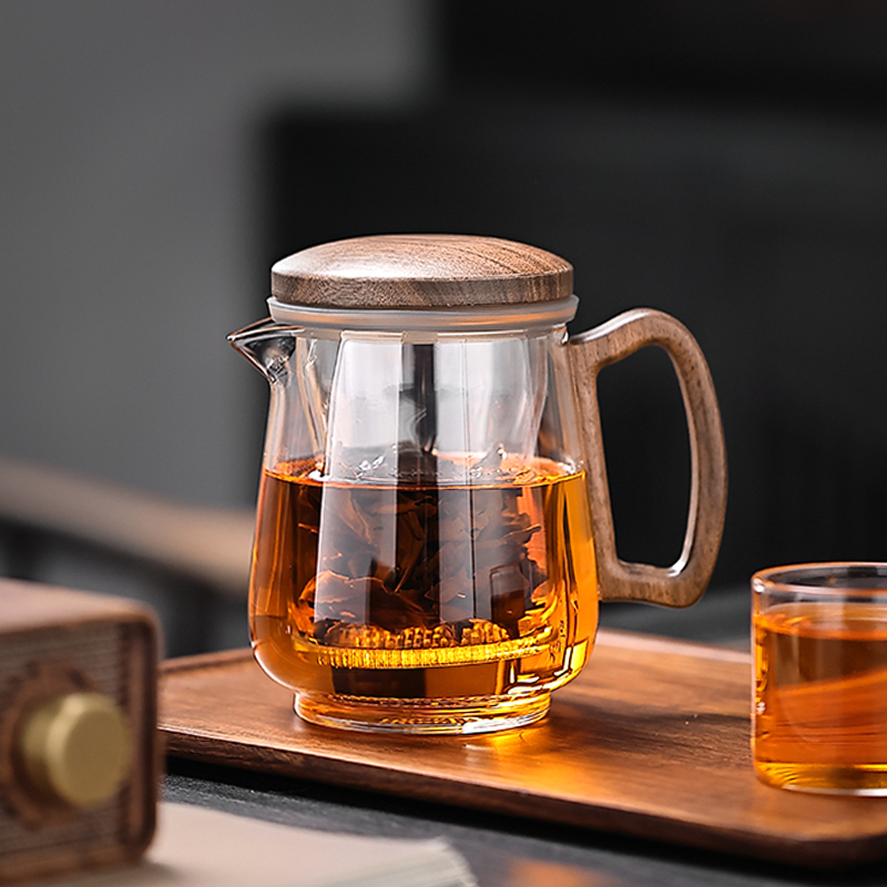 胡桃木带盖泡花茶小茶壶三件杯木把透明水杯办公冲茶器茶水分离