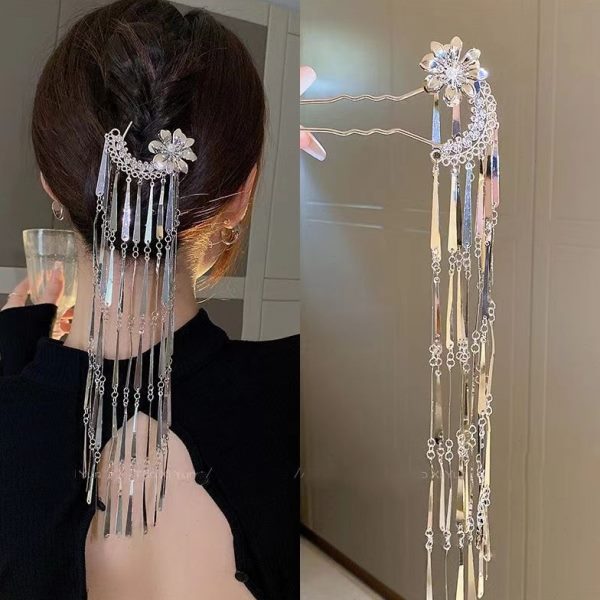 新中式花朵风铃步摇U型簪长流苏簪子民族风清冷发簪发钗