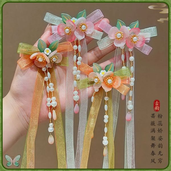 汉服流苏发夹蝴蝶结新中式国风套装飘带发卡珍珠儿童发饰花朵古风