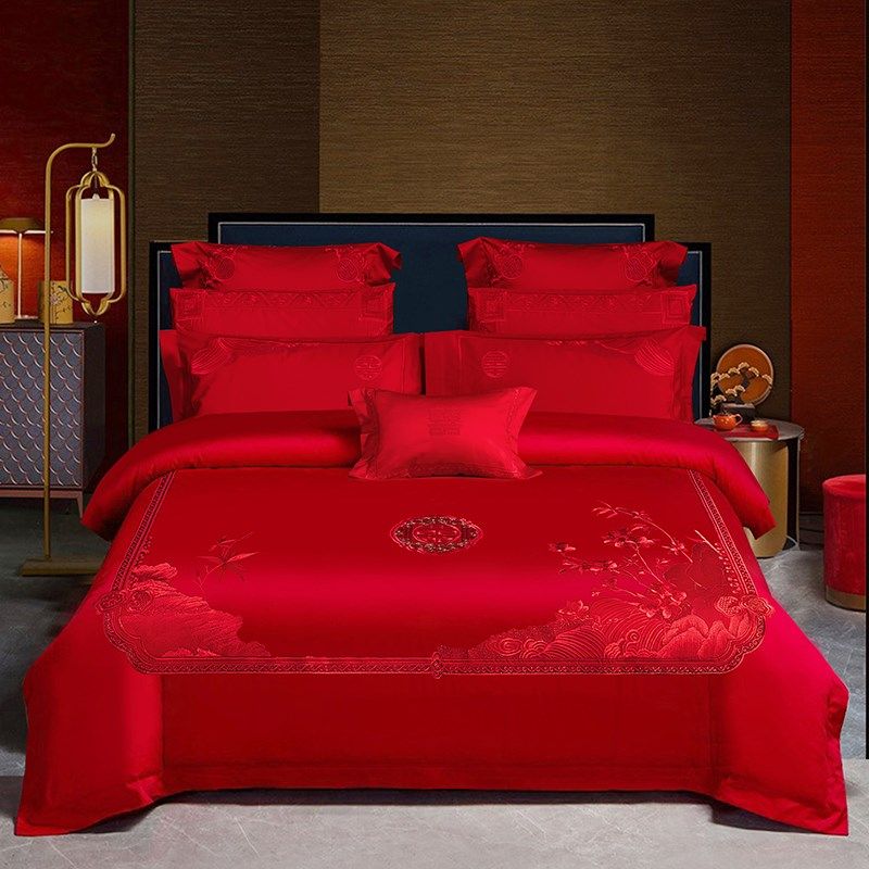 高档结婚喜庆被套四件套大红色全棉纯棉婚庆床上用品男方婚房床品