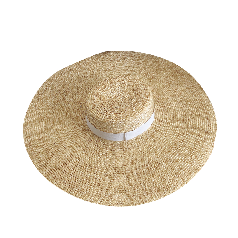 草帽大檐海边度假沙滩帽平顶英伦时尚百搭气质优雅平沿贴布海滩帽