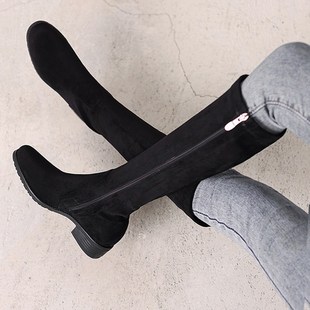 侧拉链长筒靴女2024新款 加绒平底小个子及膝长靴 不过膝高筒靴冬季