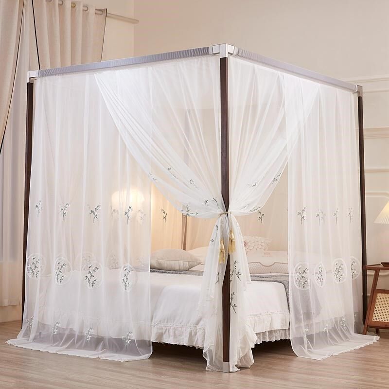A类高档刺绣新款实木支架穿杆宫廷蚊帐子婚庆民宿别墅床幔中式1.8