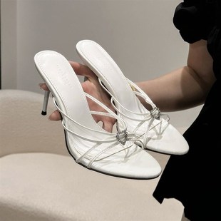 气质爱心水钻凉拖细跟高跟一字拖 女法式 2024夏季 圆头细带外穿拖鞋