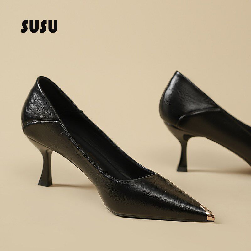 金属头黑色高跟鞋女6cm职业高级感不累脚细跟软皮工作上班4cm单鞋