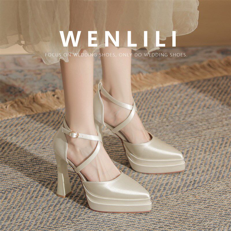 温礼小个子防水台高跟鞋女粗跟不累脚12cm新娘交叉扣带婚鞋白色