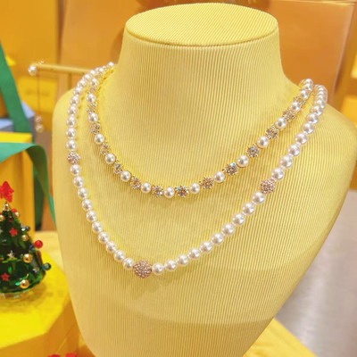 新款粉红色水晶珍珠满钻锁骨链