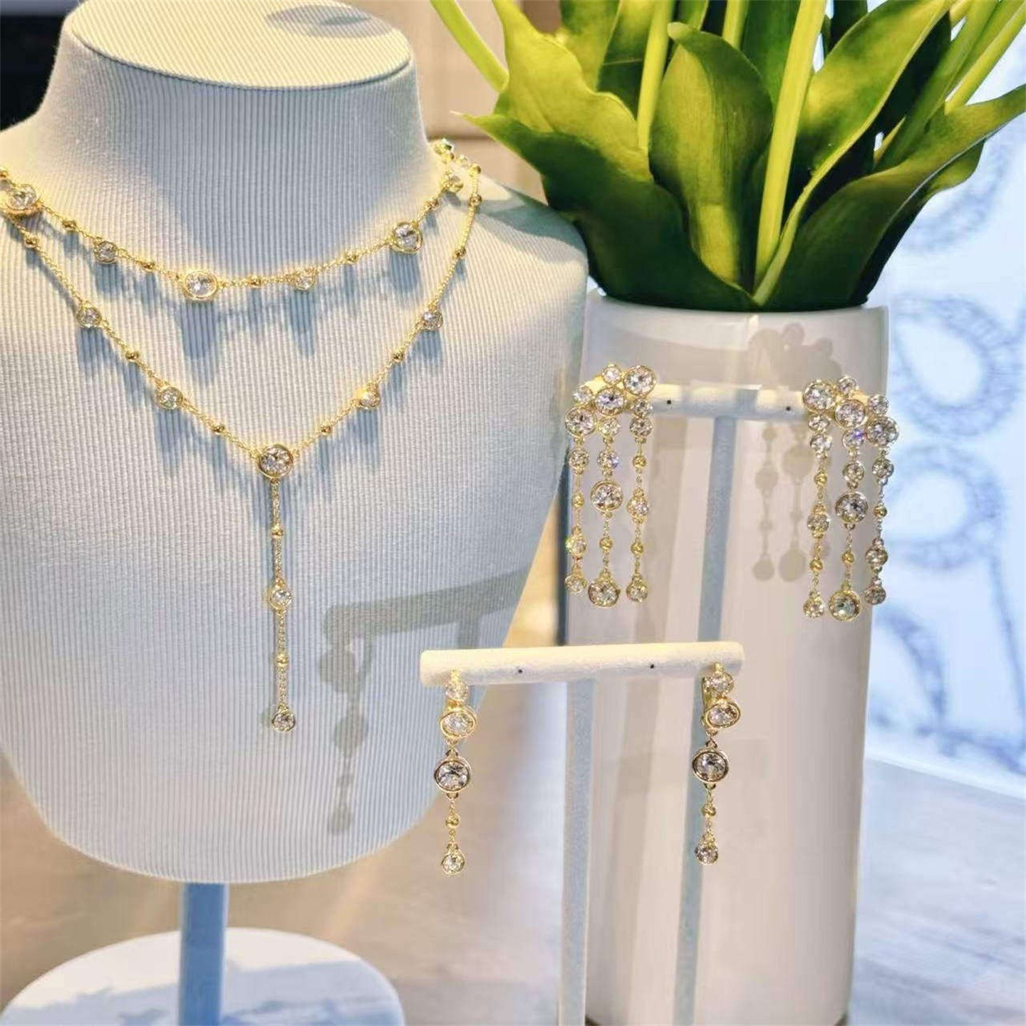 玫瑰金大圈项链手镯耳环耳钉黄金色水晶流苏坠 情人节礼物送女友