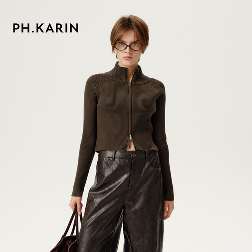 【秋日型游】PH KARIN复古显瘦绵羊毛棕色短款毛衣女2024冬季新款