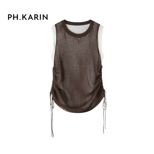 PH Karin竹叶提花无袖背心女夏亚麻混纺透气抽绳收腰显瘦针织上衣