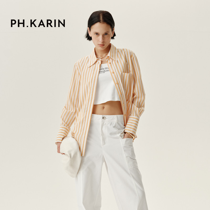 PH KARIN法式高级感竖条纹衬衫女春秋设计感小众别致气质通勤上衣