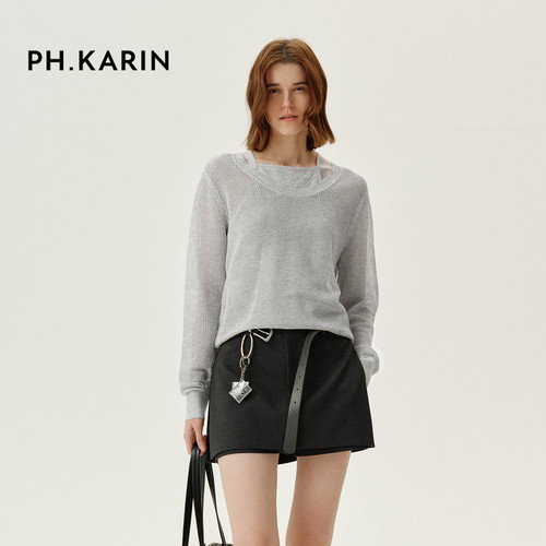 【意趣自然】PH KARIN灰色镂空薄款针织衫外搭女春装新款百搭上衣