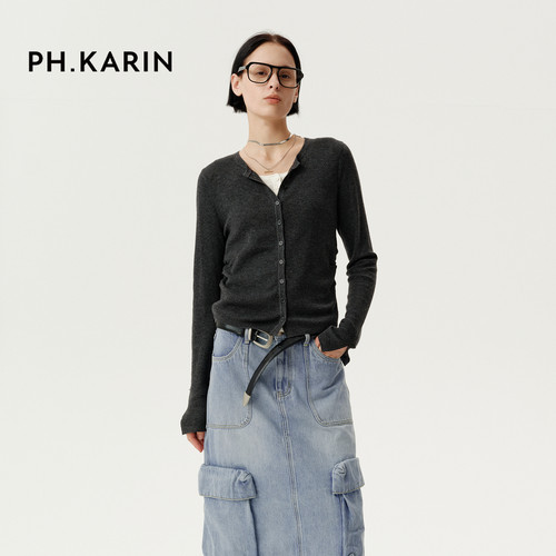 【经典重绎】PH KARIN设计感深灰显瘦假两件针织开衫女春薄款上衣