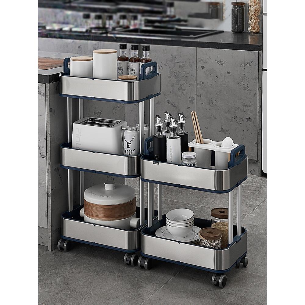 不锈钢厨房置物架落地多层微波炉架子收纳架放锅烤箱家用带滑轮