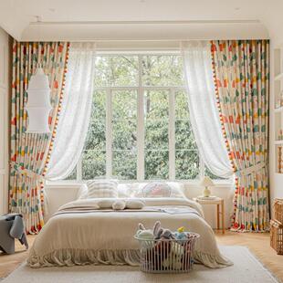 北欧ins风儿童房窗帘遮光卧室飘窗短帘可爱卡通小球球棉麻半帘