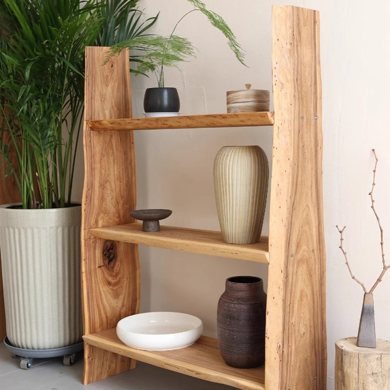 实木诧寂风置物架实木复古客厅储物书架落地书柜陈列架原木风花架