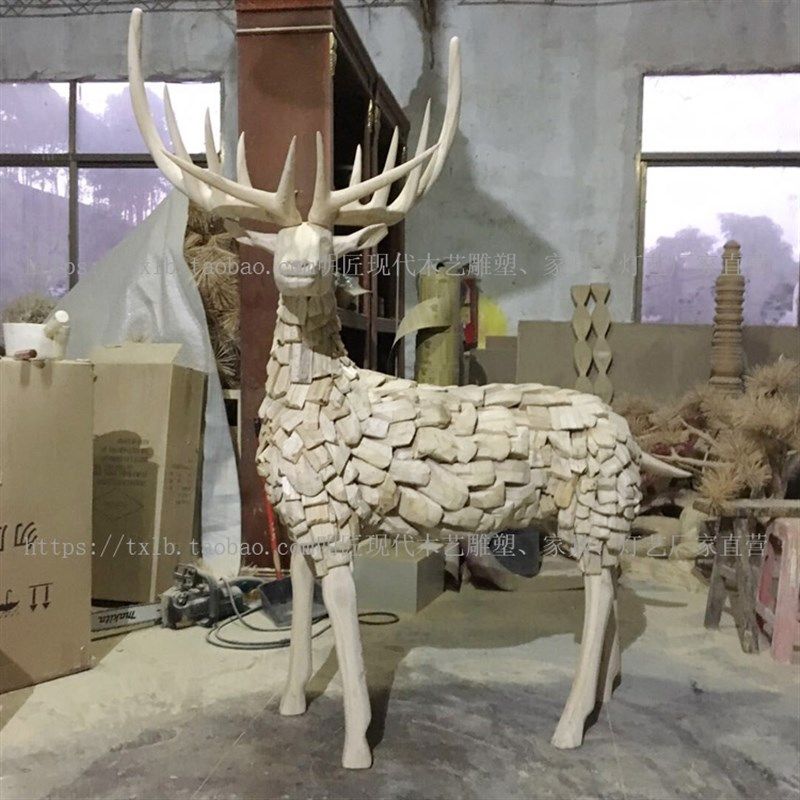 木艺鹿木质木制枯木朽木雕塑动物户外园林花园园区景观装饰摆饰