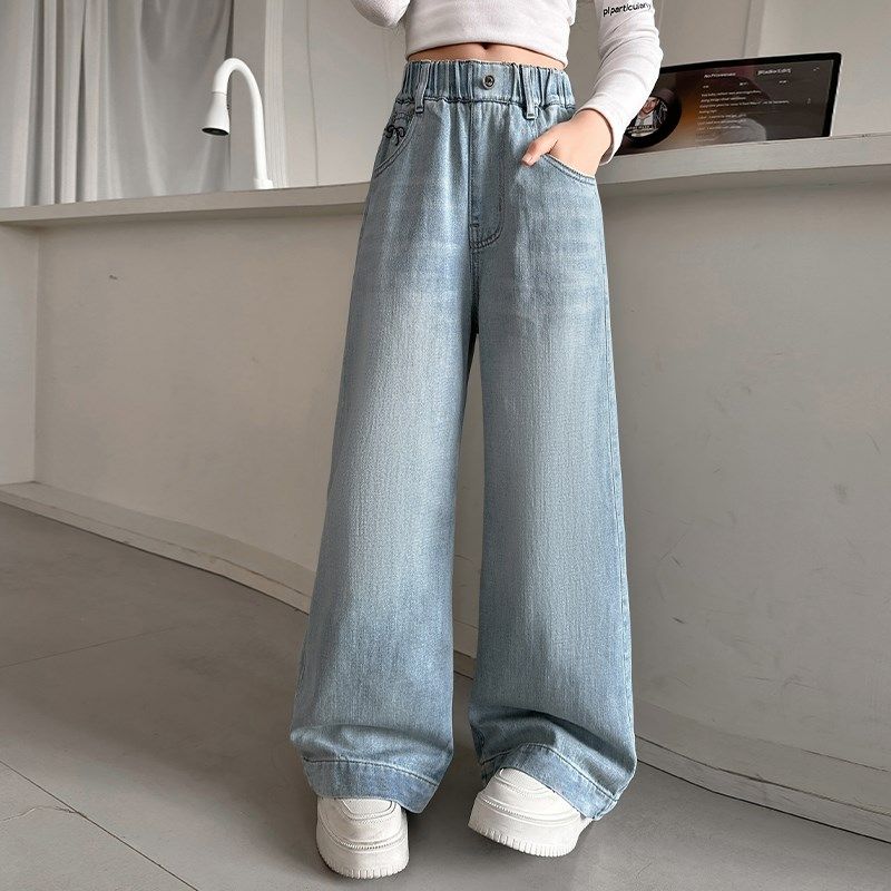 女童裤子2025春装新款洋气中大童浅色直筒阔腿裤春夏季儿童牛仔裤