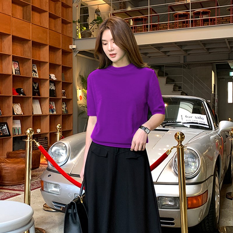 打底衫女春秋2024新款洋气半高领针织衫宽松中袖上衣薄款内搭毛衣