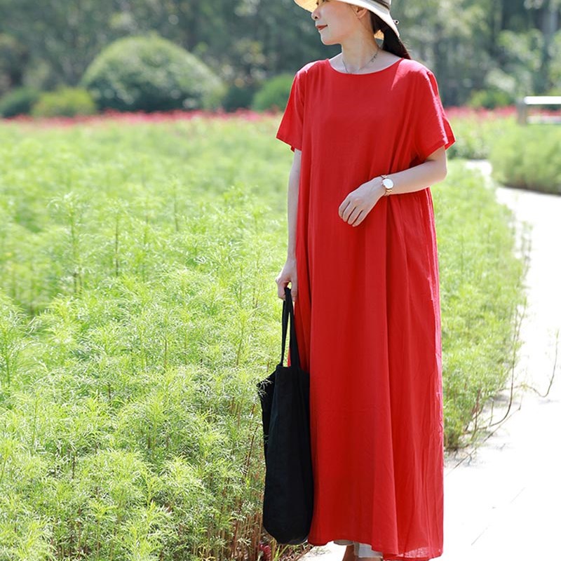 文艺白色舒适短袖连衣裙女 夏天海边沙滩裙休闲渡假宽松长裙子