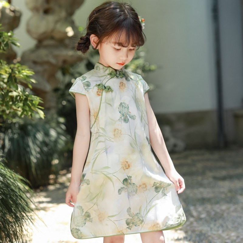 女童薄款短袖旗袍民国风白芍花连衣裙子儿童汉服夏装2024新款童装