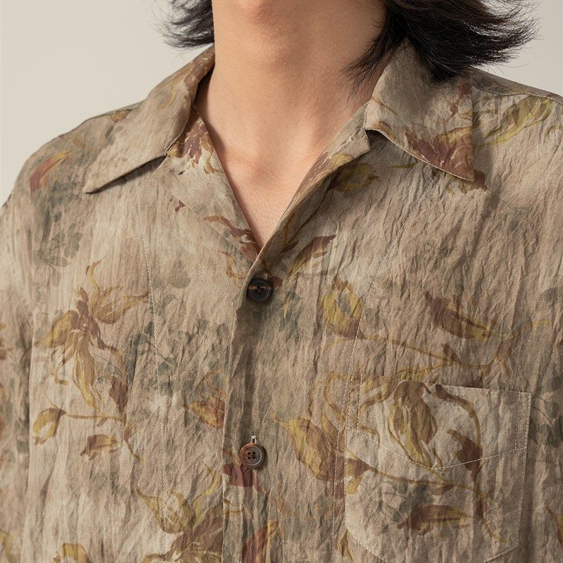 半片花瓣幽兰草木染风微皱肌理衬衫 复古港风翻领设计感上衣