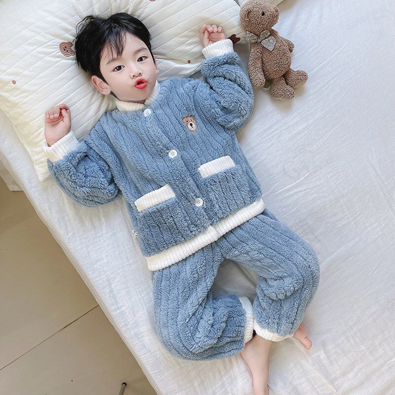 儿童睡衣加绒加厚秋冬季珊瑚男女童宝宝新款法兰绒开衫家居服套装