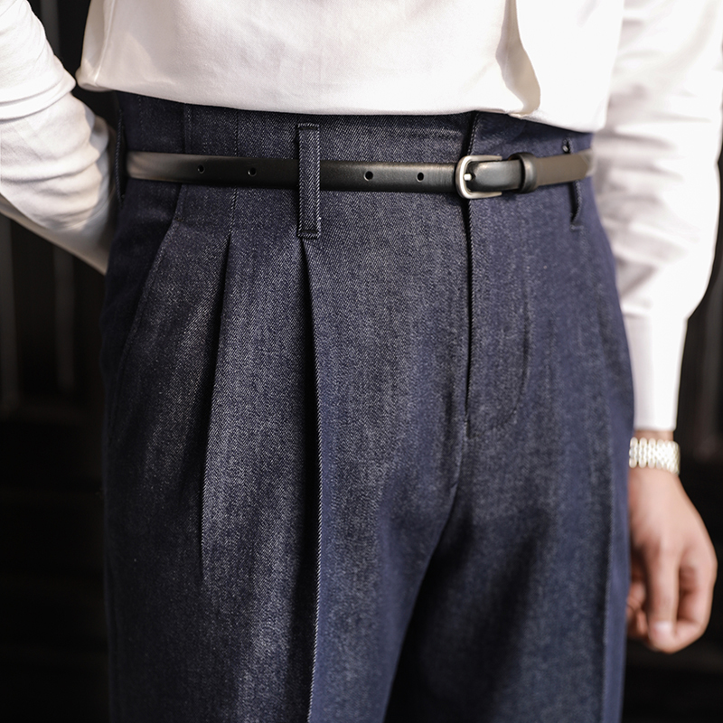 好莱坞腰头牛仔西裤男秋季商务直筒那不勒斯休闲裤免熨烫高腰西装