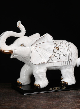 白色陶瓷描金大象摆件一对工艺品吉祥象大号招财玄关桌面装饰摆设