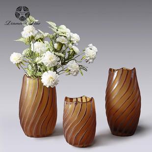 钻石星美式 现代高档手工吹制彩色玻璃花瓶摹刻线条琥珀色插花器